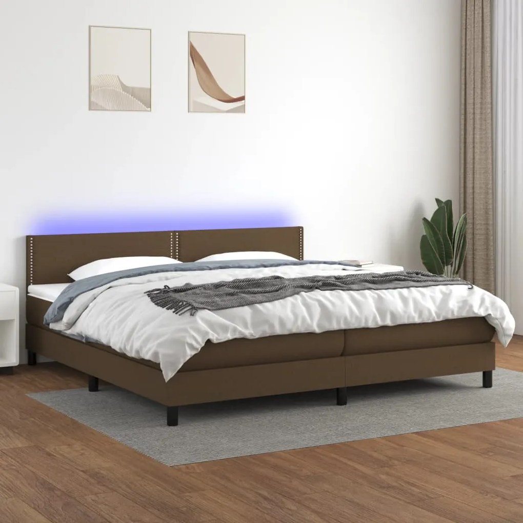 Letto a molle materasso e led marronescuro 200x200cm in tessuto