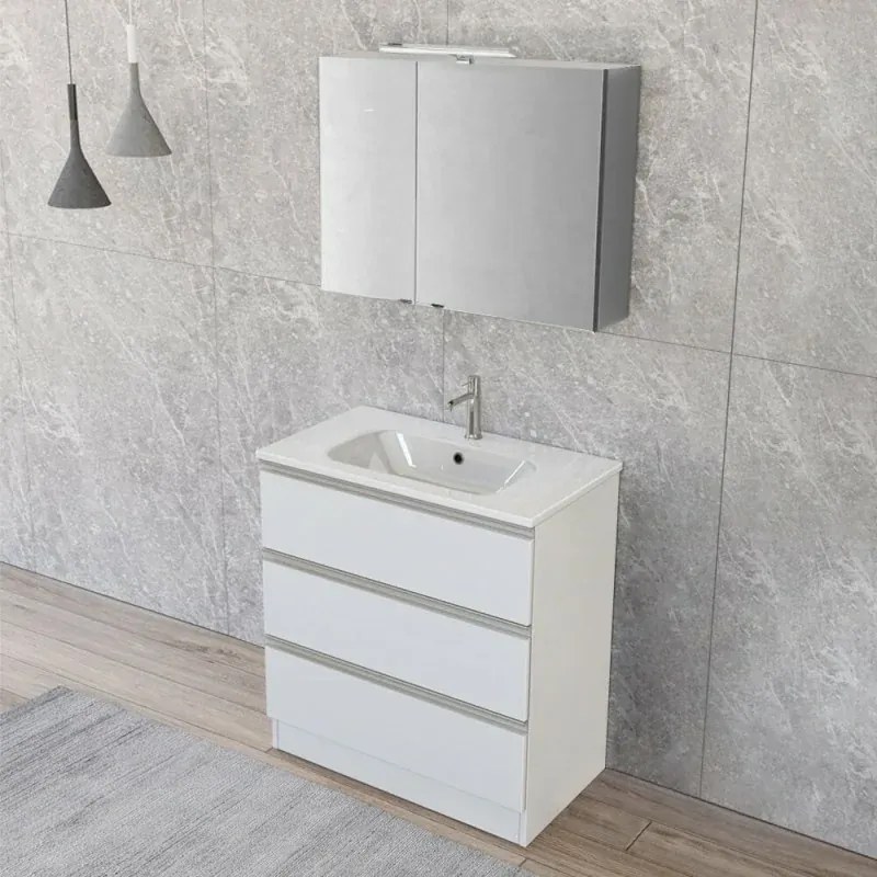 Mobile bagno a terra 80 cm Master bianco con lavabo e specchio contenitore