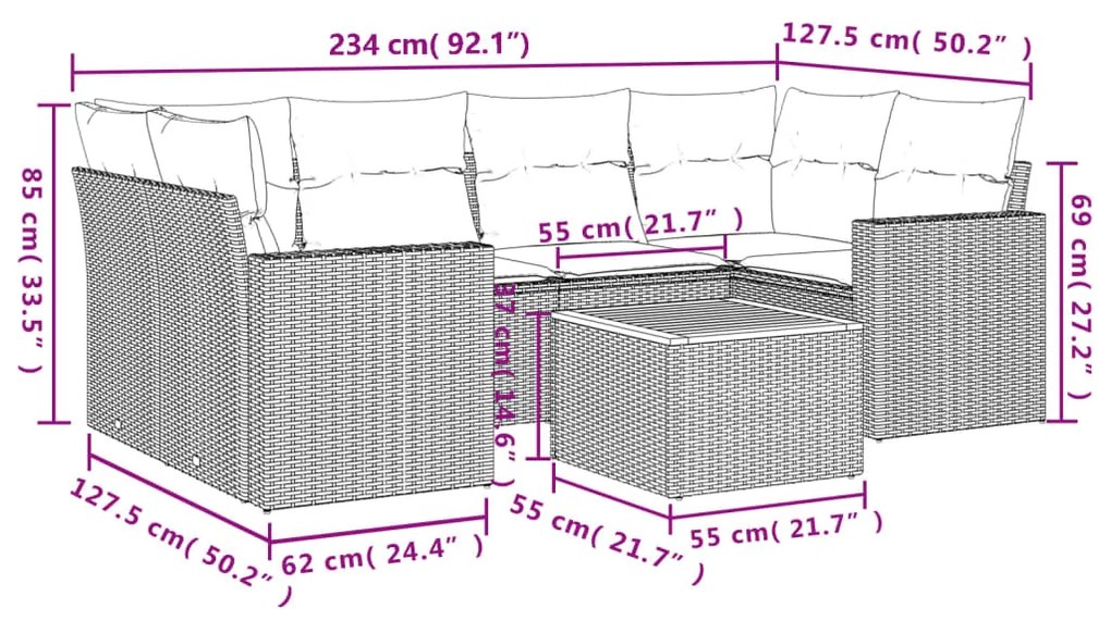 Set Divani da Giardino 7 pz con Cuscini Beige in Polyrattan