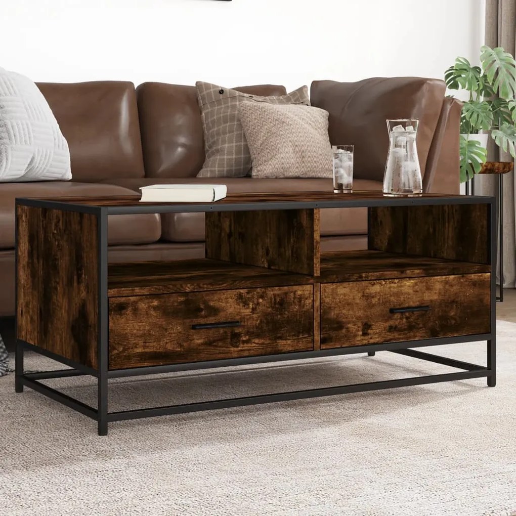 Tavolino Rovere Fumo 100x50x45cm İn Legno Multistrato E Metallo /