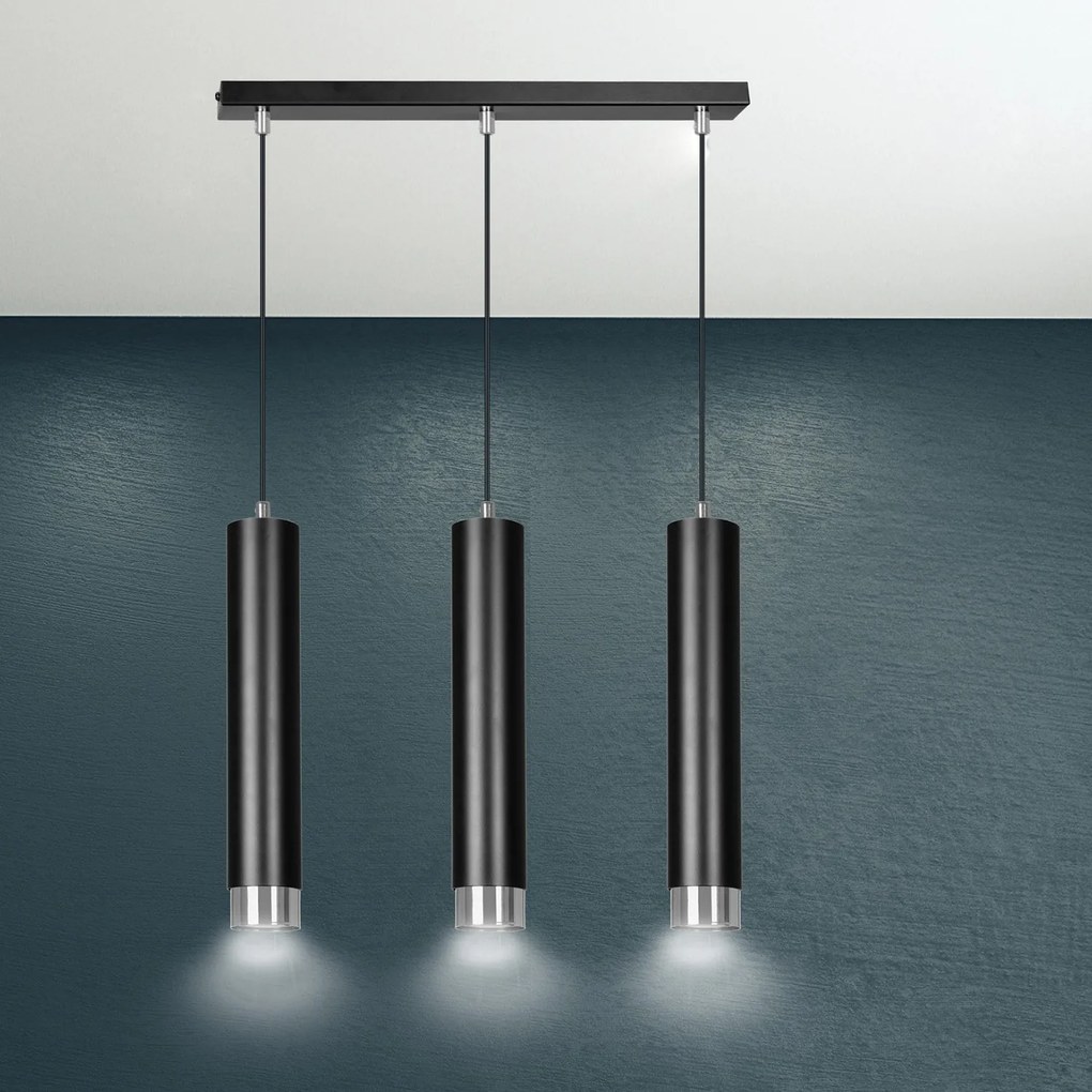 Lampadario 3 Luci Brunilde In Acciaio Nero E Tubolari In Nero E Cromo