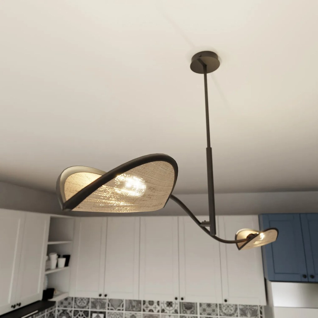 Sospensione Nordica 2 Luci Ares In Acciaio E Rattan Con Bracci Regolabili