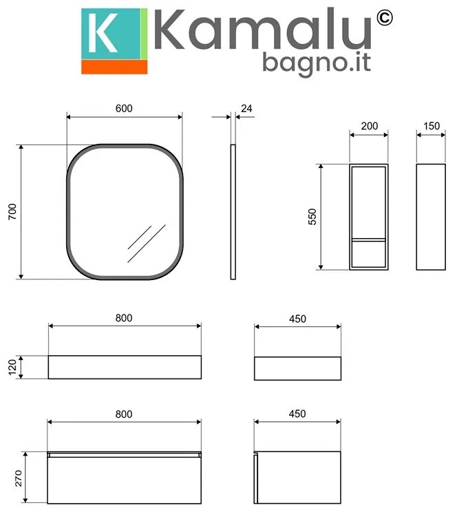 Kamalu - composizione bagno con 2 mobiletti 80 cm e mensolone 80 cm | kam-kk803