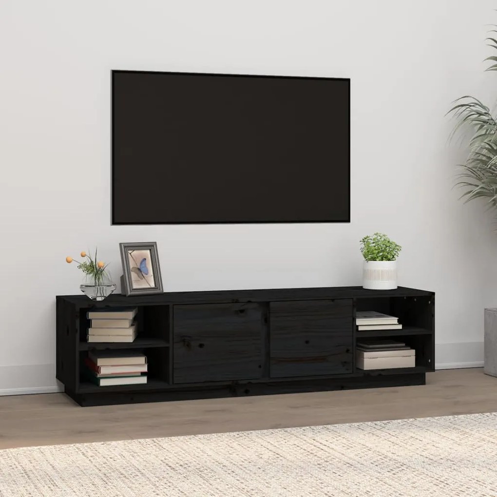 Mobile Porta Tv Nero 156x40x40 Cm İn Legno Massello Di Pino /