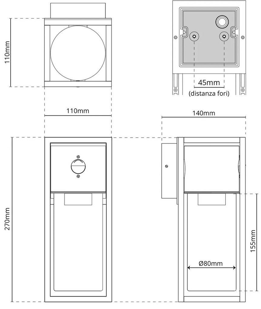 Applique Nera E27 con Sensore di Movimento IP54 - Serie VIMO