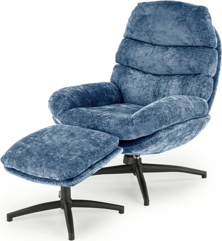 Poltrona Dario + sgabello in tessuto blu - H100 cm