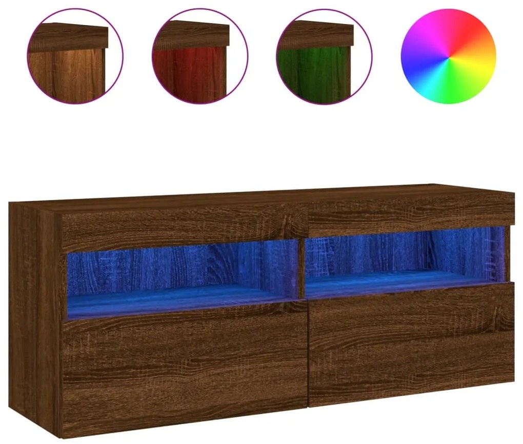 Mobile tv a parete con luci led rovere marrone 100x30x40 cm