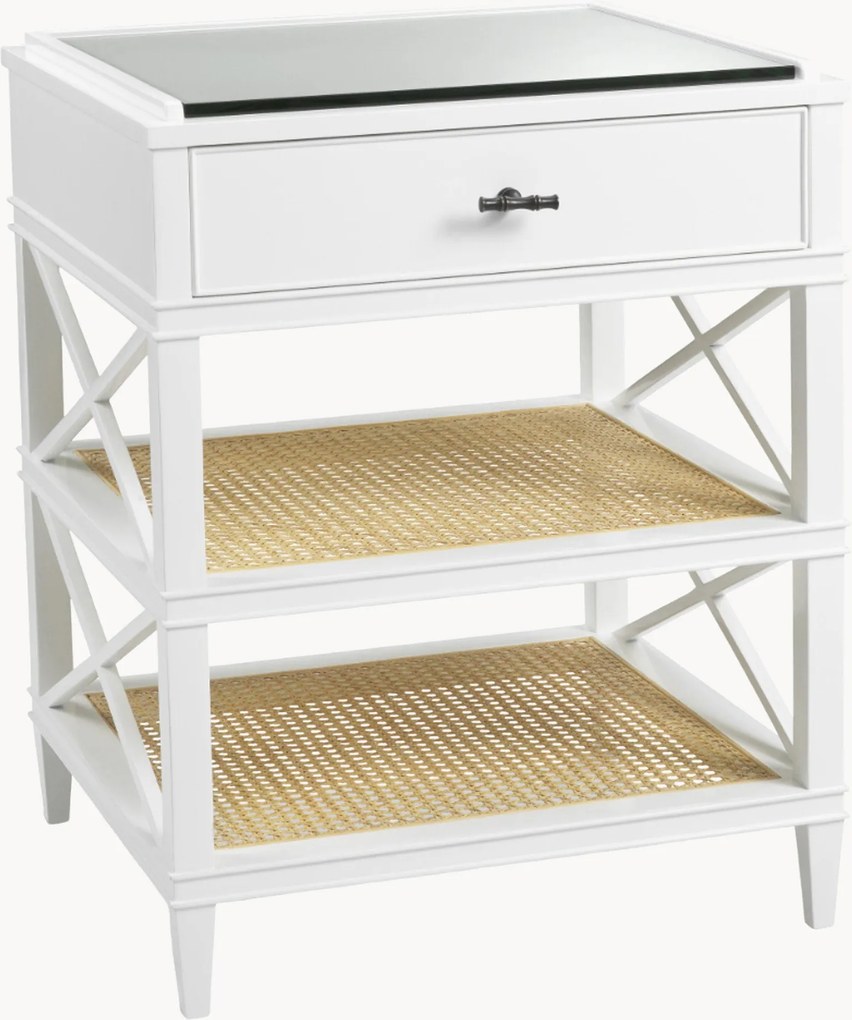 Comodino in legno di mogano e rattan con cassetto e ripiani Bahamas