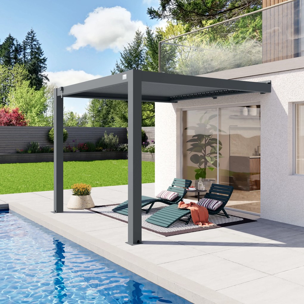PRIMEYARD Pergola addossata in antracite 3x3 m, con tetto a lamelle in antracite - (400140)