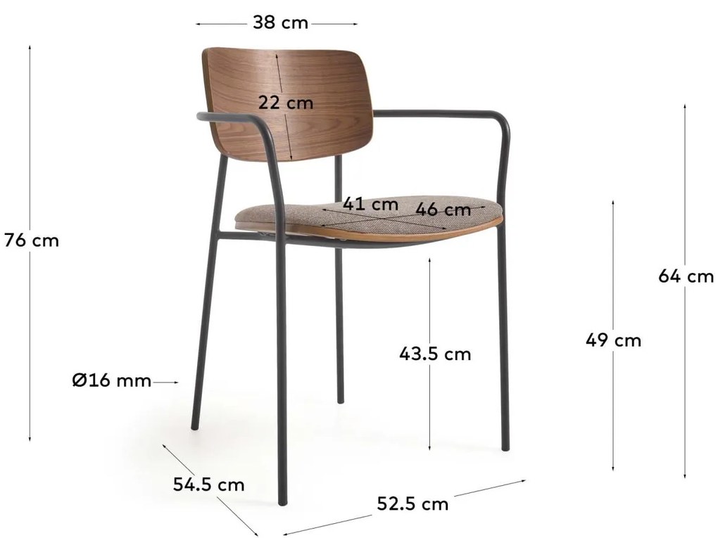 Kave Home - Sedia impilabile Maureen in impiallacciato noce finitura naturale e gambe in metallo finit