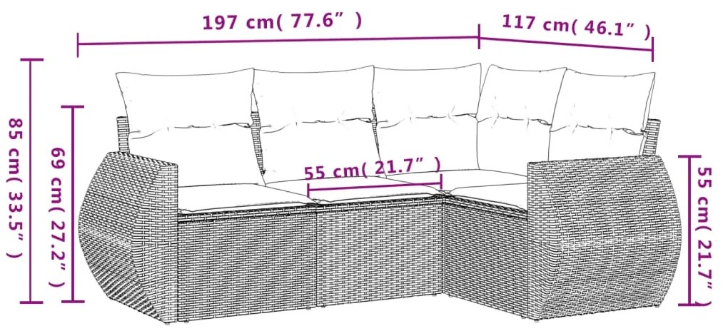 Set Divani da Giardino 4 pz con Cuscini in Polyrattan Grigio