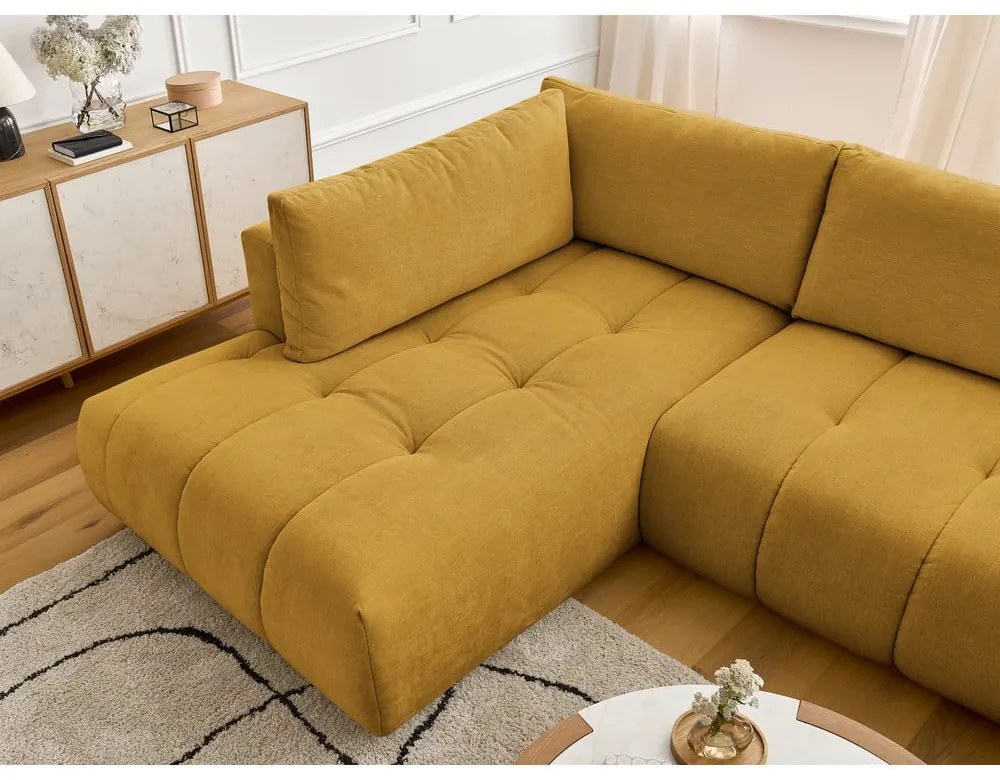 Divano angolare color senape allungabile e con contenitore (penisola a sinistra/a U) con rivestimento in ciniglia Fuji – Bobochic Paris