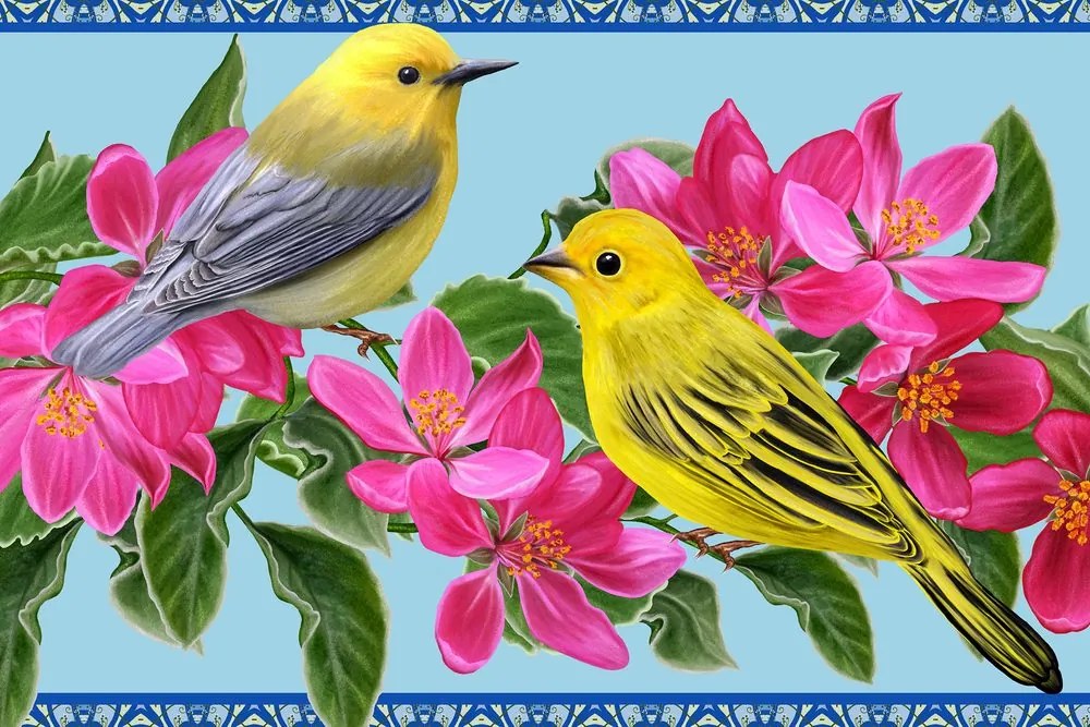Quadro su tela – Uccellini e fiori in versione vintage