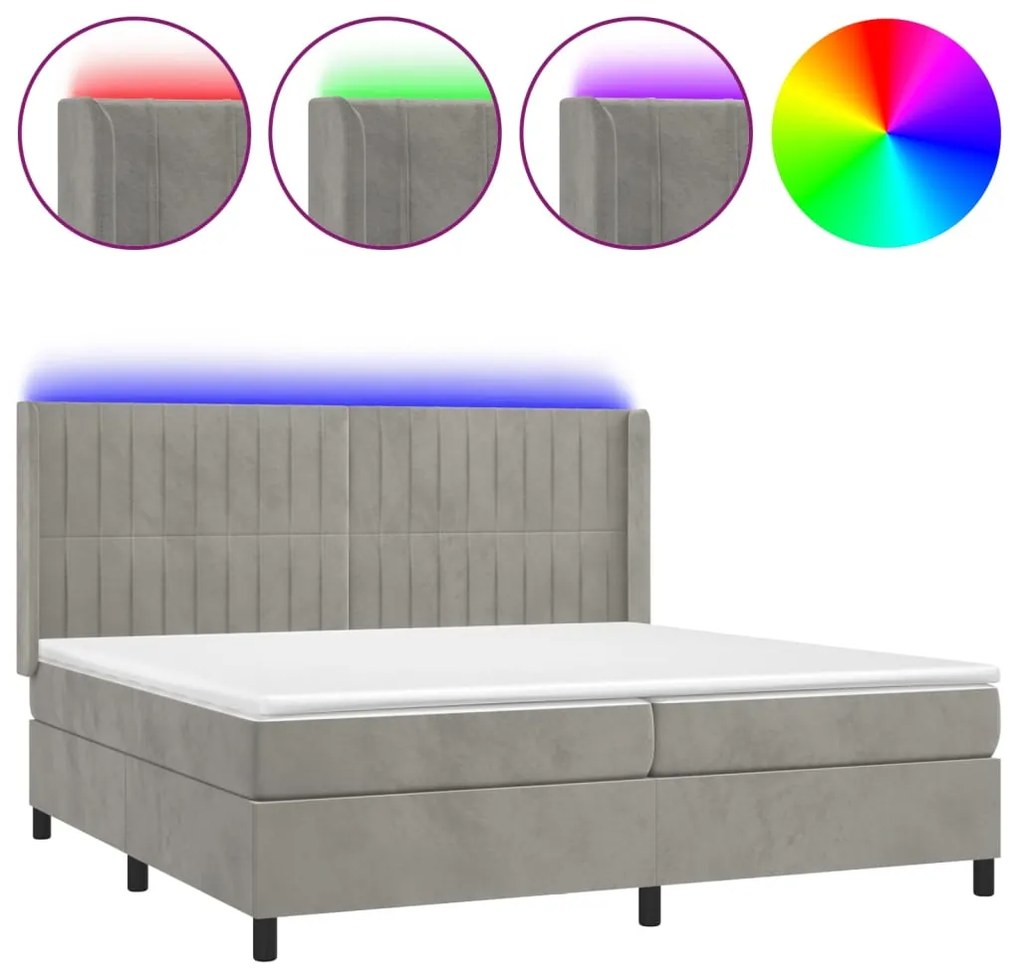 Letto a molle materasso e led grigio chiaro 200x200 cm velluto