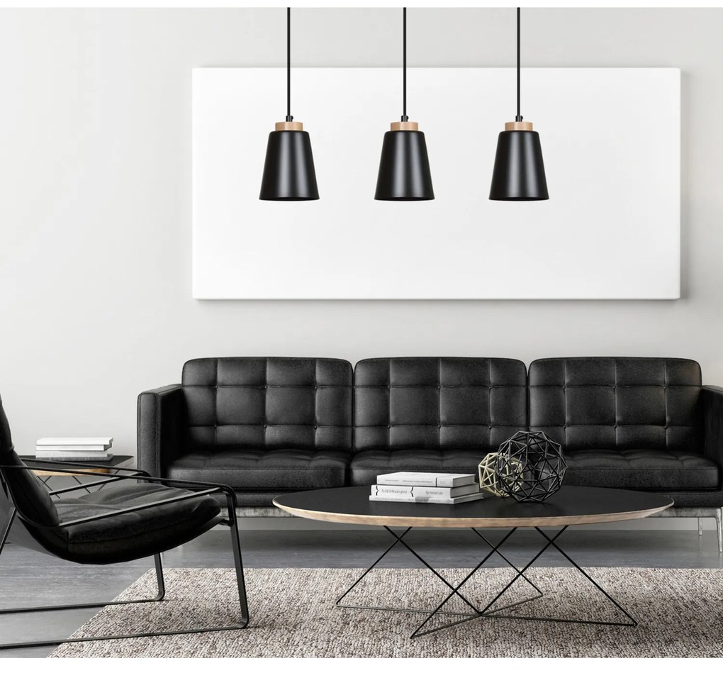 Lampadario 3 Luci Lancillotto Con Paralumi A Cono In Acciaio Nero E Legno Naturale