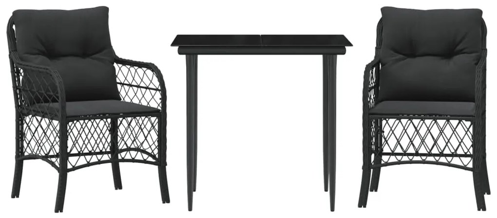 Set da bistrò 3 pz con cuscini nero in polyrattan