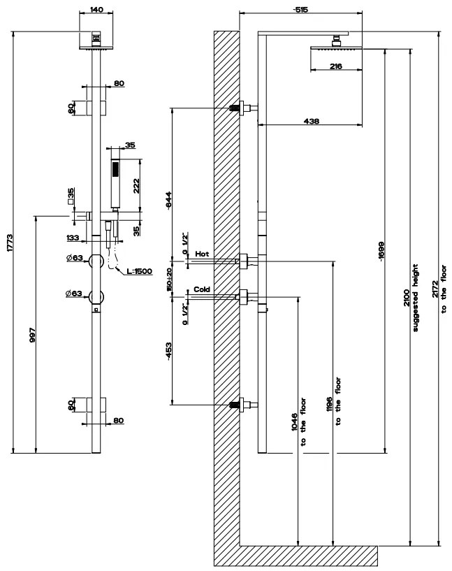 Miscelatore Termostatico a muro con soffione deviatore flessibile 150 cm e doccetta anticalcare Cromo Rettangolo Shower 23405 Gessi