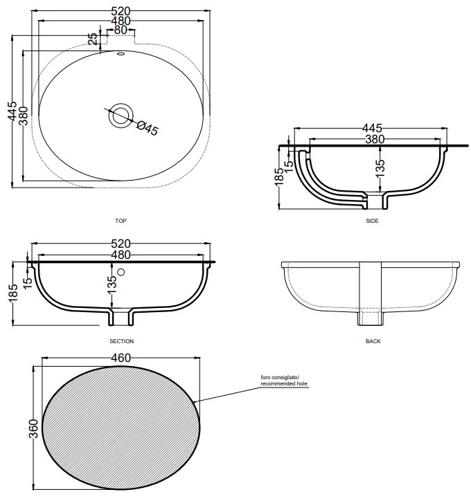 Cielo Enjoy Lavabo 44x52 Sottopiano ovale Senza Foro Con Troppopieno talco