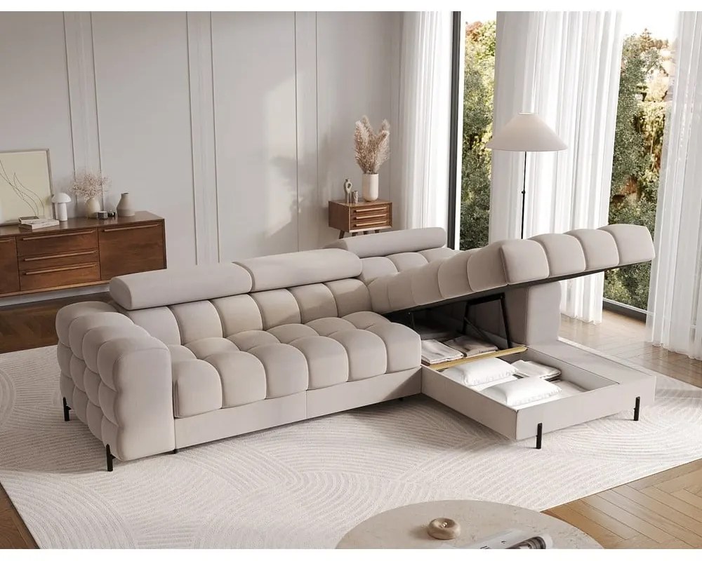 Divano angolare beige allungabile/con contenitore (con penisola a destra/con chaise lounge) e rivestimento in velluto Felro – ELTAP