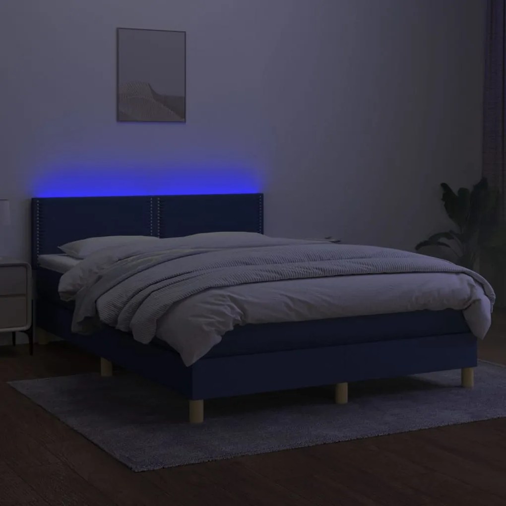 Letto a Molle con Materasso e LED Blu 140x190 cm in Tessuto