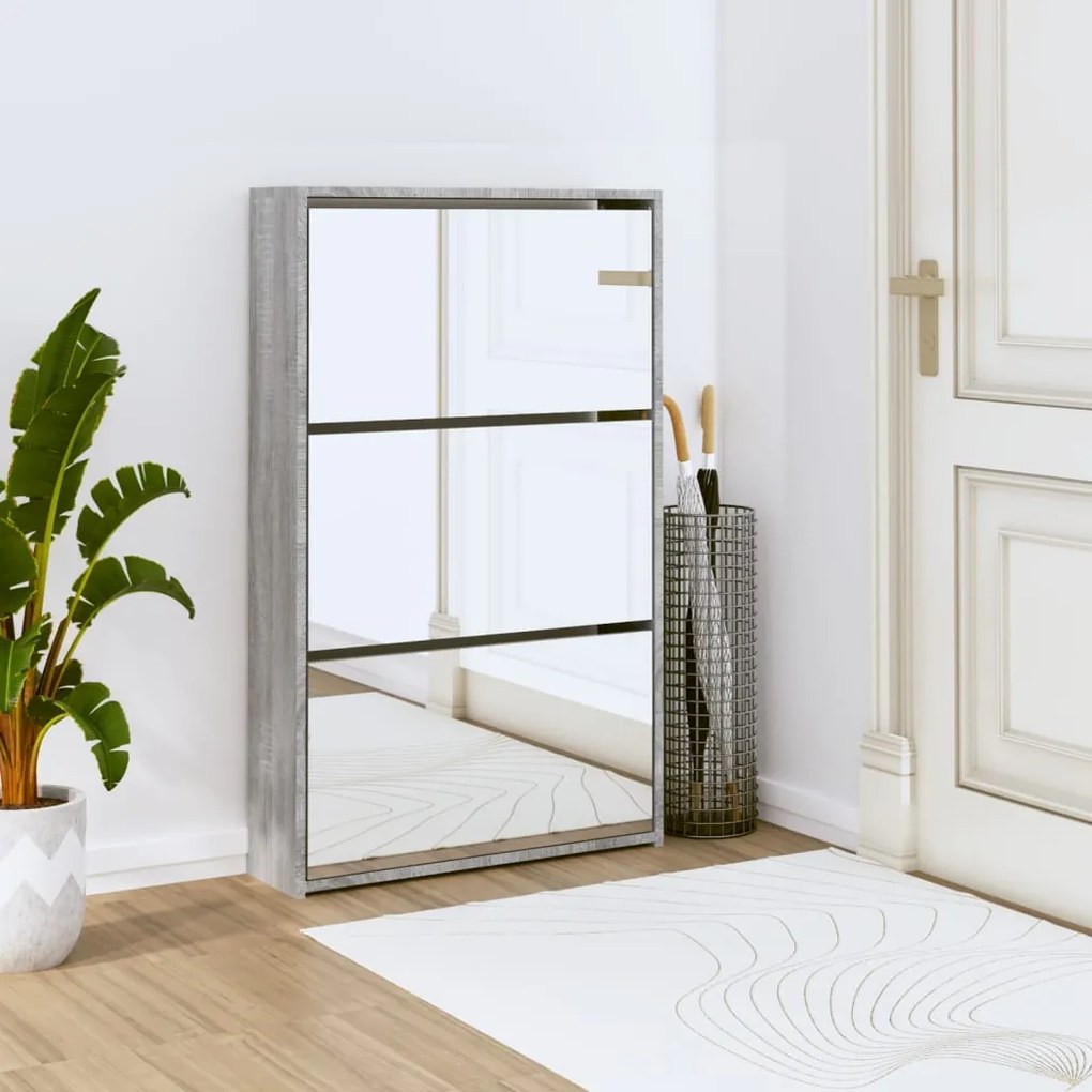 Scarpiera Con Specchio A 3 Livelli Grigio Sonoma 63x17x102,5 Cm /