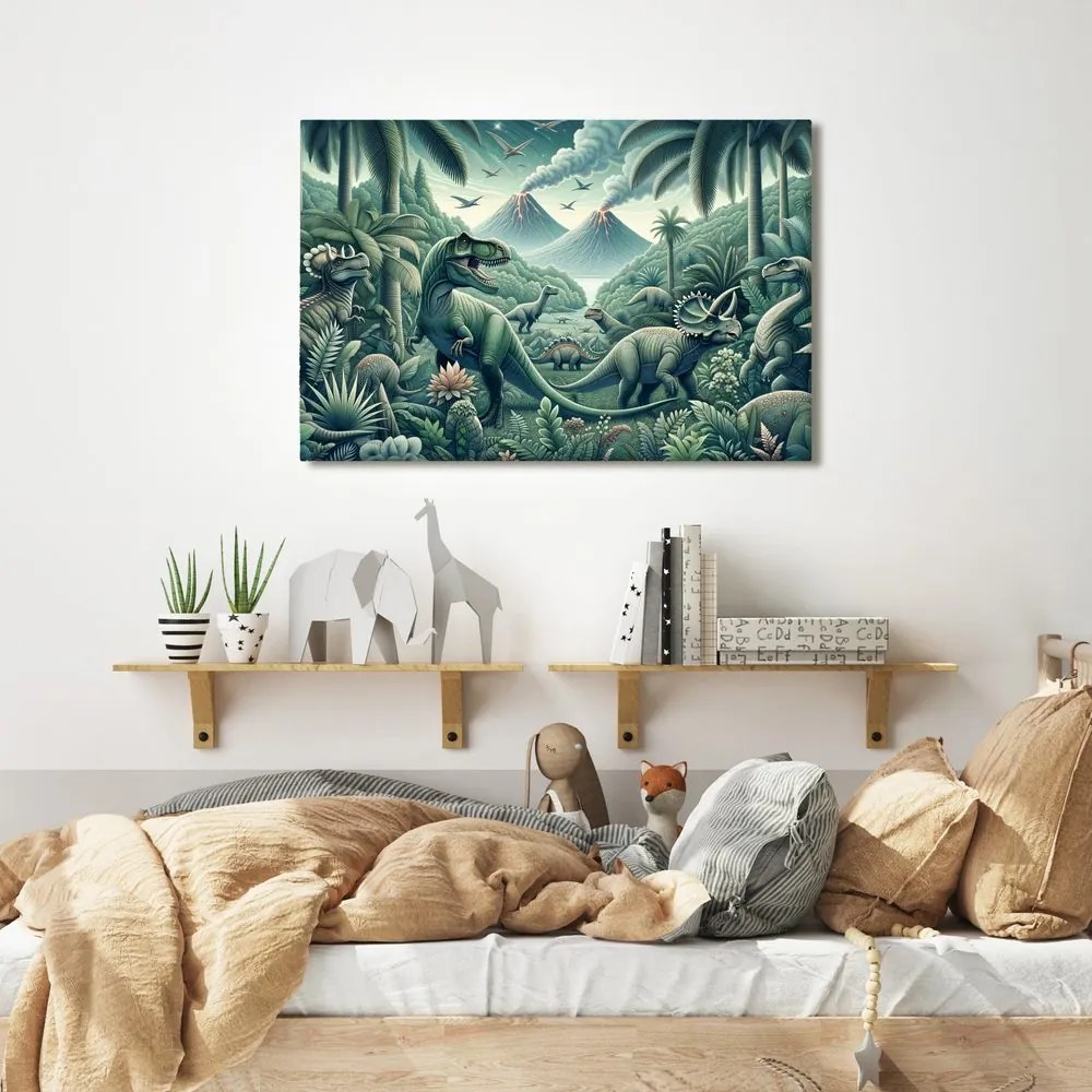 Quadro su tela – Dinosauri nella giungla con vulcani