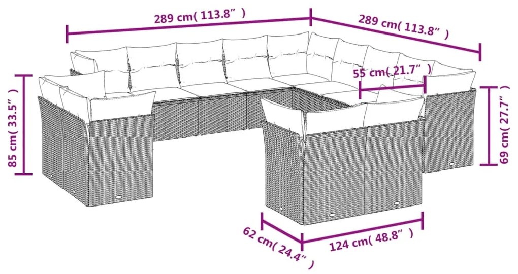 Set divani giardino 13 pz con cuscini grigio chiaro polyrattan