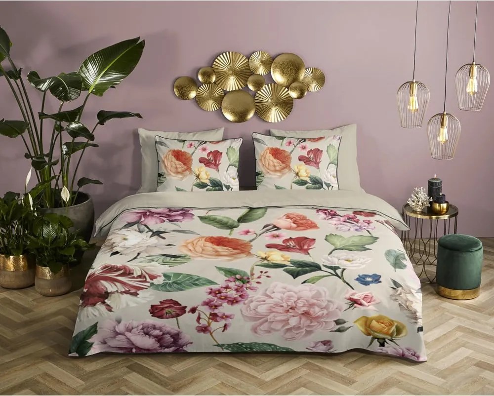 Set copripiumino e federa beige in raso di cotone per letto singolo ed esteso 140x220 cm Fiori – Descanso