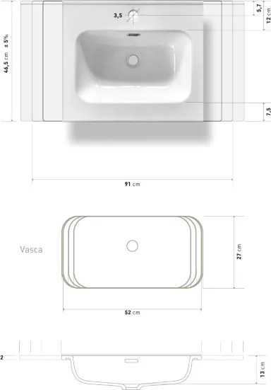 Lavabo STELLA 90x46 cm in ceramica bianco ad incasso per mobile bagno