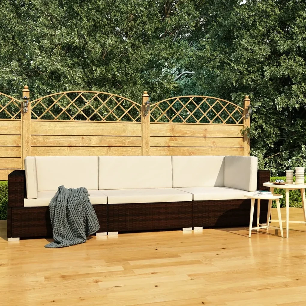 Set divani da giardino 3 pz con cuscini in polyrattan marrone