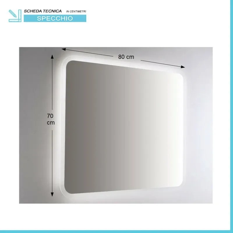 Specchio retroilluminato LED 80x70 installazione reversibile e angoli tondi