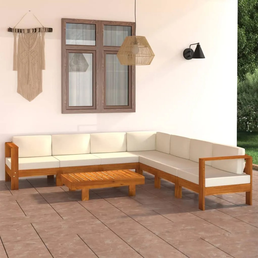 Set divani giardino 8 pz cuscini bianco crema in legno d&#039;acacia