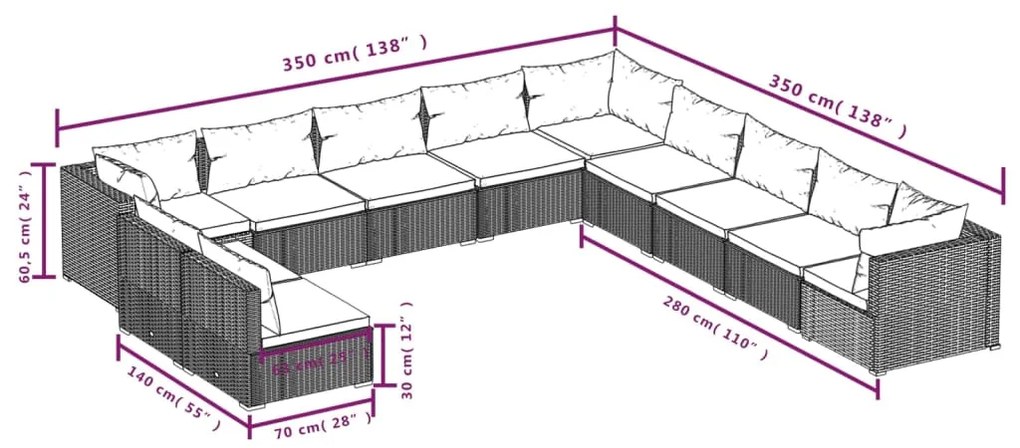 Set Divani da Giardino 11 pz con Cuscini in Polyrattan Grigio