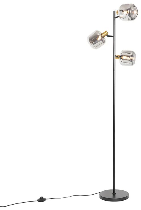 Lampada da terra nera con oro e vetro fumé 3 luci - Zuzanna