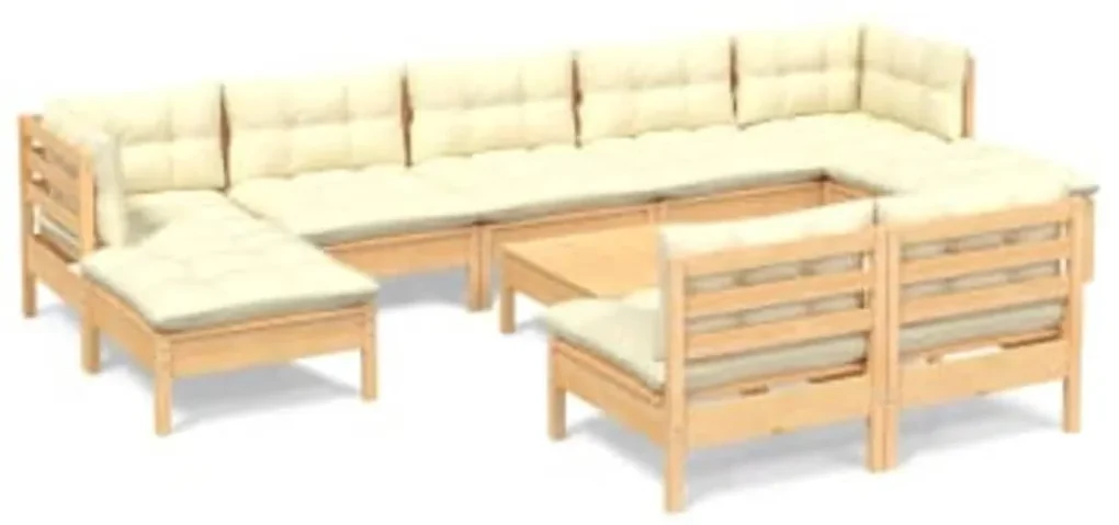 Set divani da giardino 10 pz con cuscini crema massello di pino