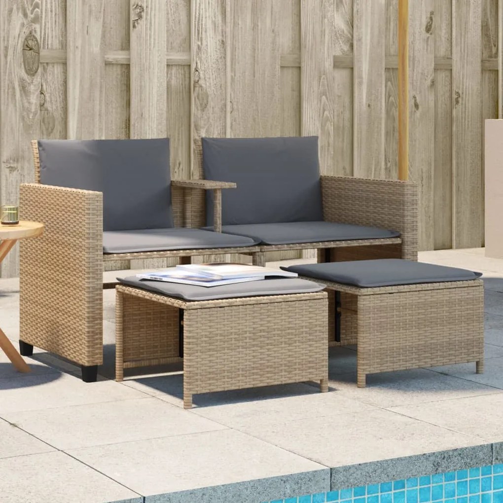 Divano giardino 2 posti con tavolo e sgabelli beige polyrattan