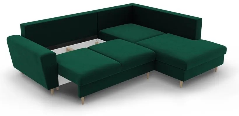 Divano angolare verde allungabile e con contenitore (con penisola a destra/a L) con rivestimento in velluto Kyoto – Cosmopolitan Design