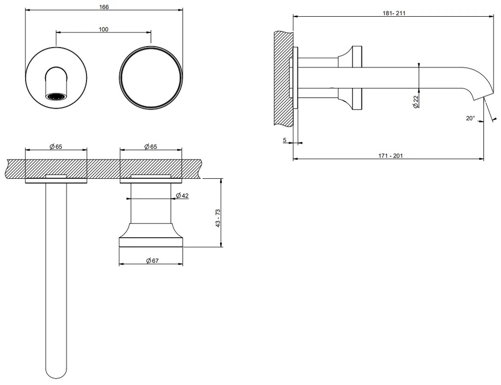 Parte esterna Miscelatore Lavabo a parete bocca media cromo senza scarico senza parte incasso Origini Gessi 66088