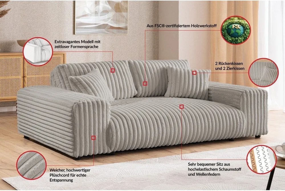 Divano grigio chiaro con rivestimento in velluto a coste 213 cm Justin – Ropez