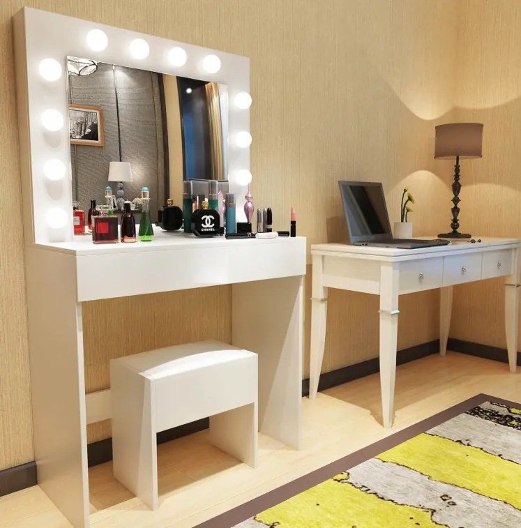 Elegante tavolo da toilette/cosmetico con illuminazione a LED e sgabello