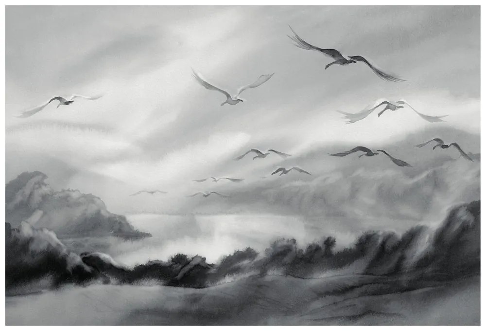 Carta da parati – Volo di uccelli in bianco e nero