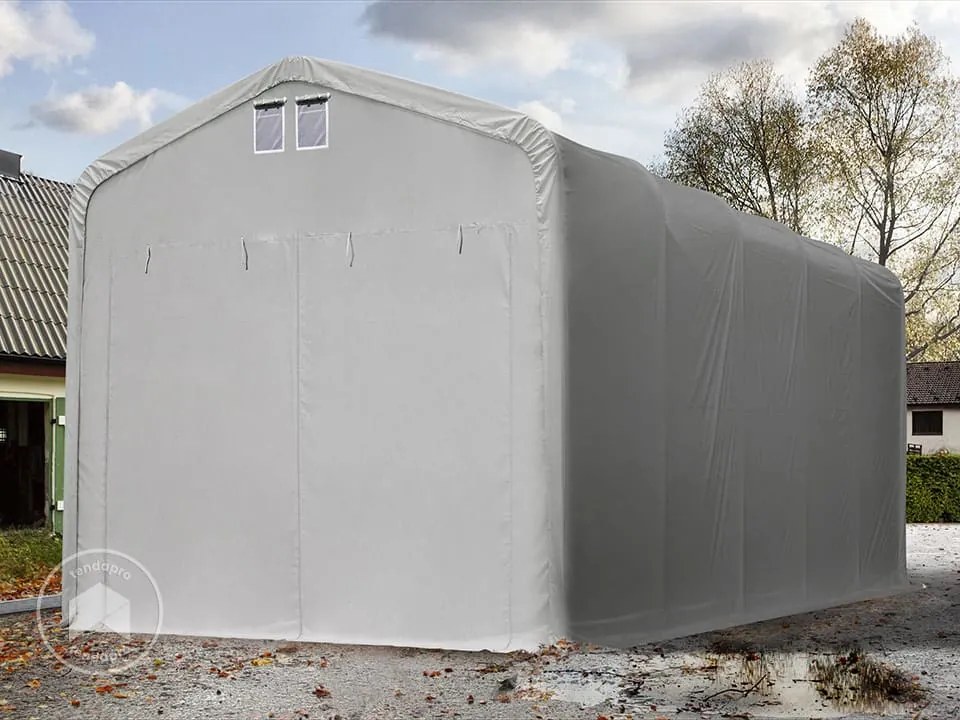 TOOLPORT 5x10m tenda garage 4m, PRIMEtex 2300, grigio, con statica (sottofondo in terra) - (99424)