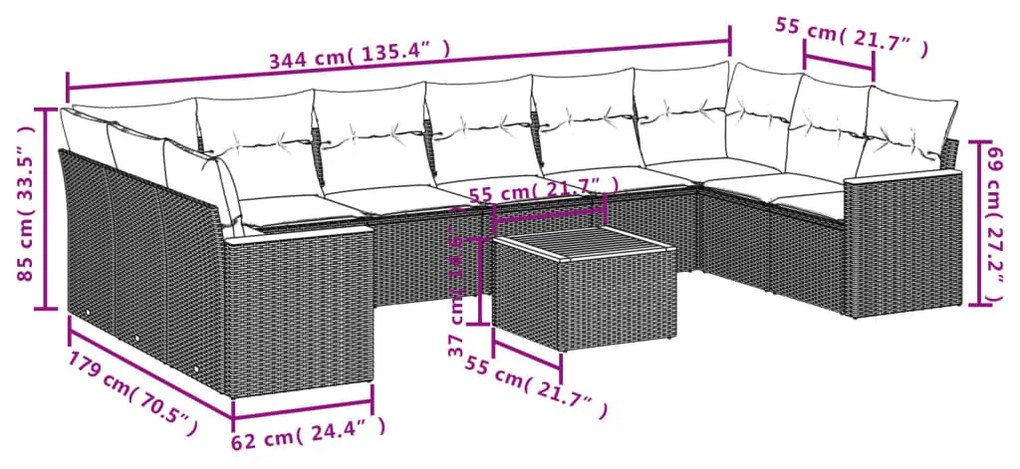 Set Divani da Giardino 11 pz con Cuscini in Polyrattan Nero