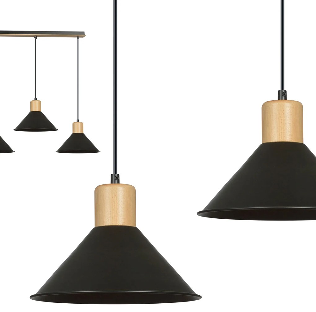 Sospensione Nordica 3 Luci Chandra In Acciaio Nero E Legno