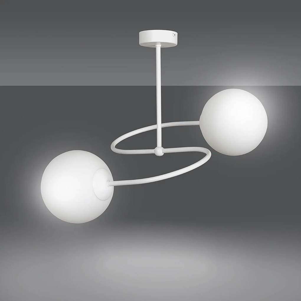 Plafoniera Moderna 2 Luci Nezha In Acciaio Bianco E Sfere In Vetro Opale