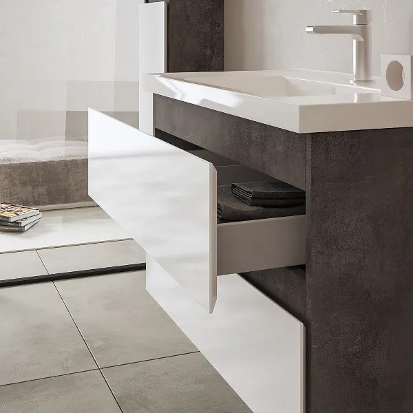 Mobile sospeso base 2 cassetti 82 cm con lavabo GRACE4 Lamiera ossidata/Bianco Lucido