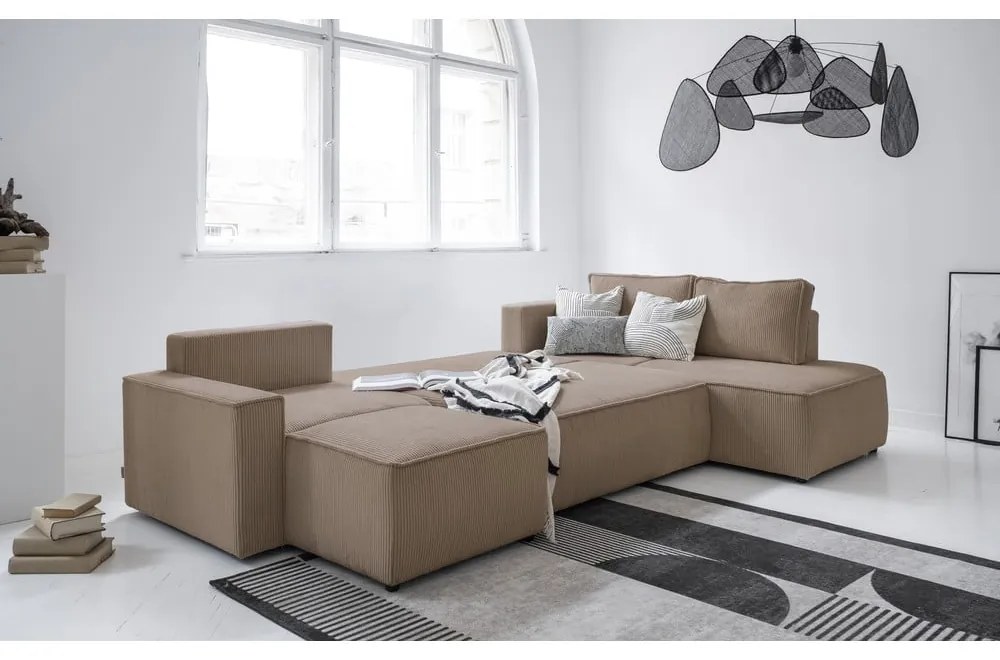 Divano letto angolare in velluto a coste beige Brave Dave - Miuform