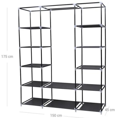 Armadio in tessuto con ripiani e barra appendiabiti MATIS 150x175 cm nero