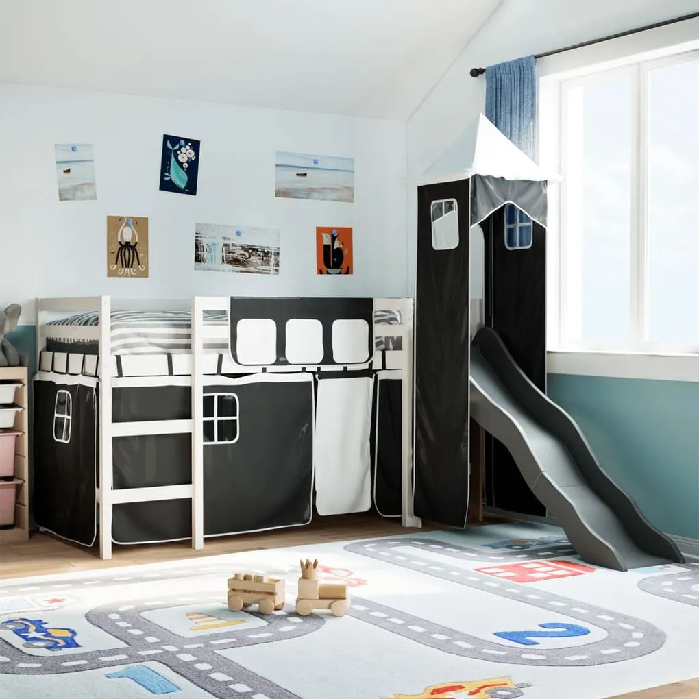 Letto A Soppalco Con Torre Bambini Bianco E Nero 90x200cm Pino /