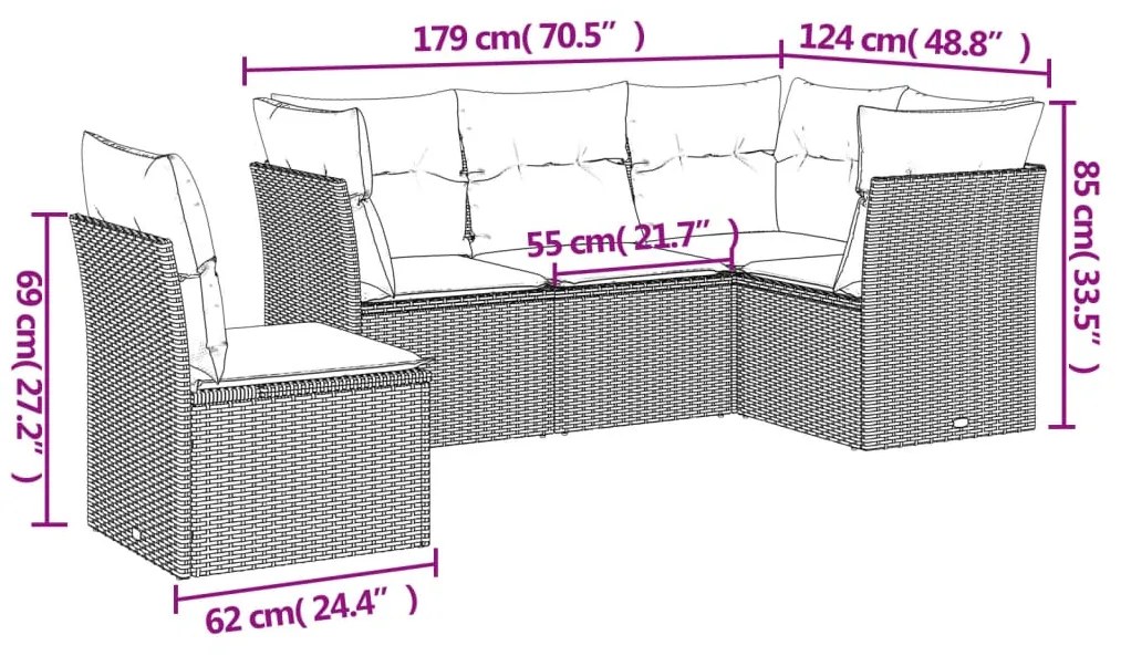 Set divano da giardino 5pz con cuscini grigio chiaro polyrattan